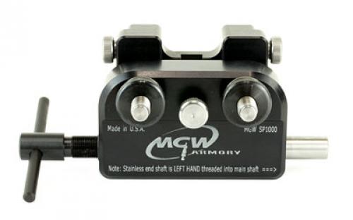 MGW Armory Sight Tool, Universal Fit, Full 1.750 Front Sight Reach Capacity on Most Every Model on the Market, Uses Shoe Plates Specific to a Handgun Make/Model. Includes 30 Degree Angled and Straight Sided Standard Block. Support Shaft Can Be Removed with a Standard 1/4 Hex Allen Key to Swap Out Blocks, Shoe Plates Sold Seperately. MGWSP1000