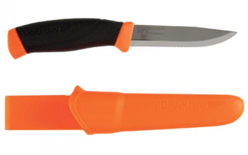 Morakniv Companion Serrated Fixed Blade Knife, Stainless Steel Serrated Blade, Orange and Black Rubber Handle, Orange Sheath, 4.1 Blade and 8.6 Overall Length M-12214