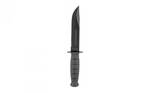KABAR KA-BAR Short, Fixed Blade Knife, 5.25 Blade Length, 9.375 Overall Length, Clip Point, Combo Edge, 1095 Cro-Van/Black Steel, Matte Finish, Black, Kraton G Handle, Glass Filled Leather Sheath 1257